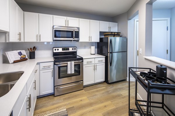 Modern kitchen with sleek cabinetry and stainless steel appliances at Avana Southview apartments