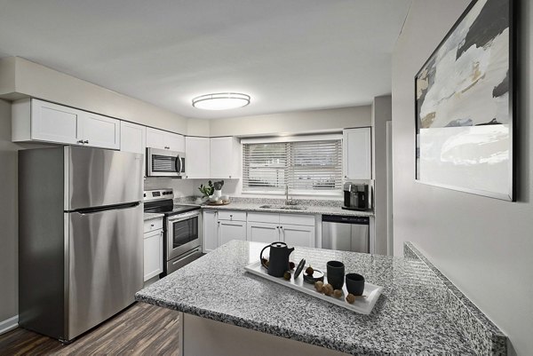 Modern kitchen with sleek countertops and stainless steel appliances in Autumn Woods Apartments