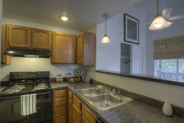 Modern kitchen with stainless steel appliances in Riverstone Apartments at Greystar luxury living