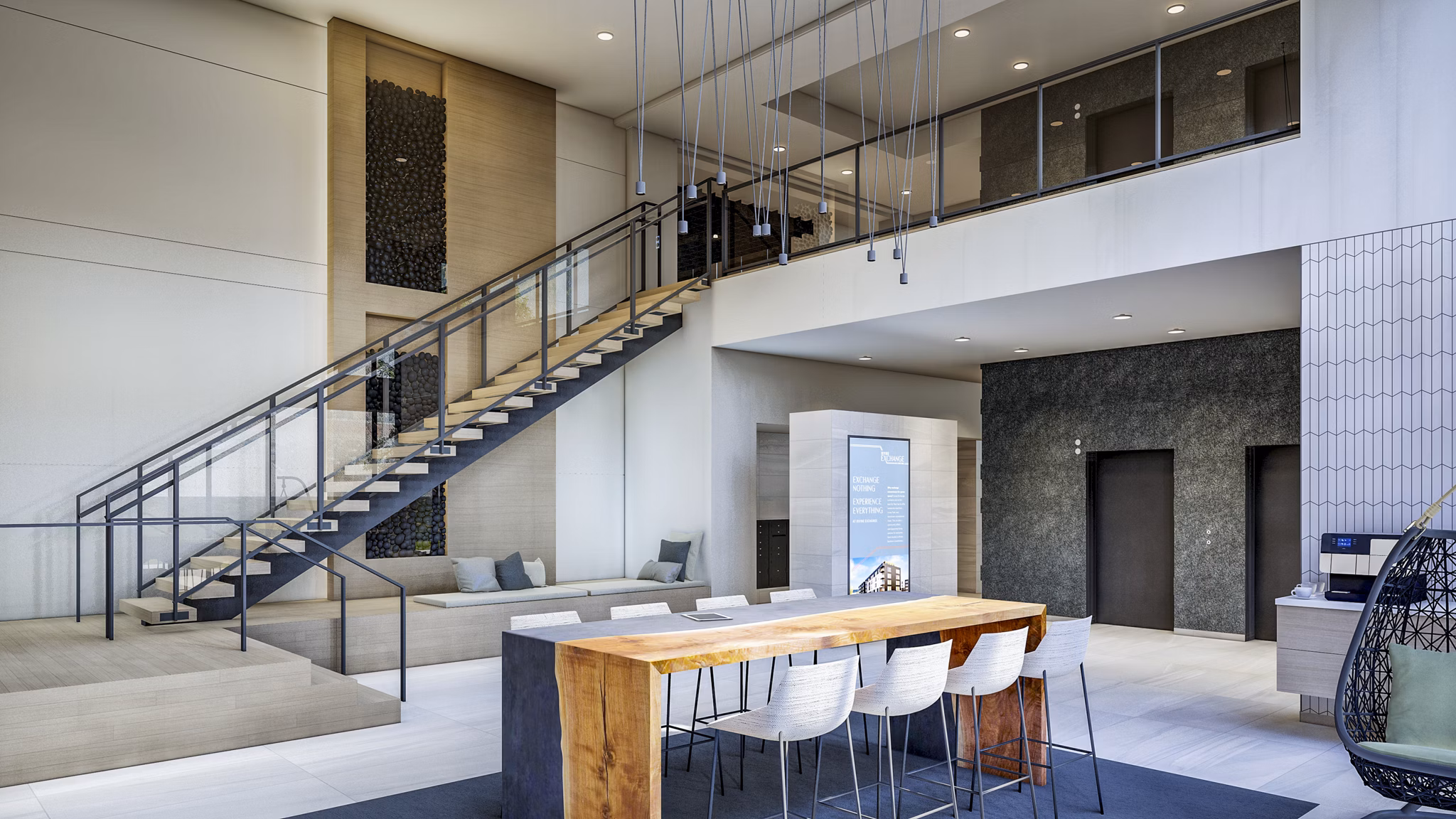Clubhouse featuring modern design and social spaces at Irvine Exchange Apartments, offering luxury living in a premier Irvine location