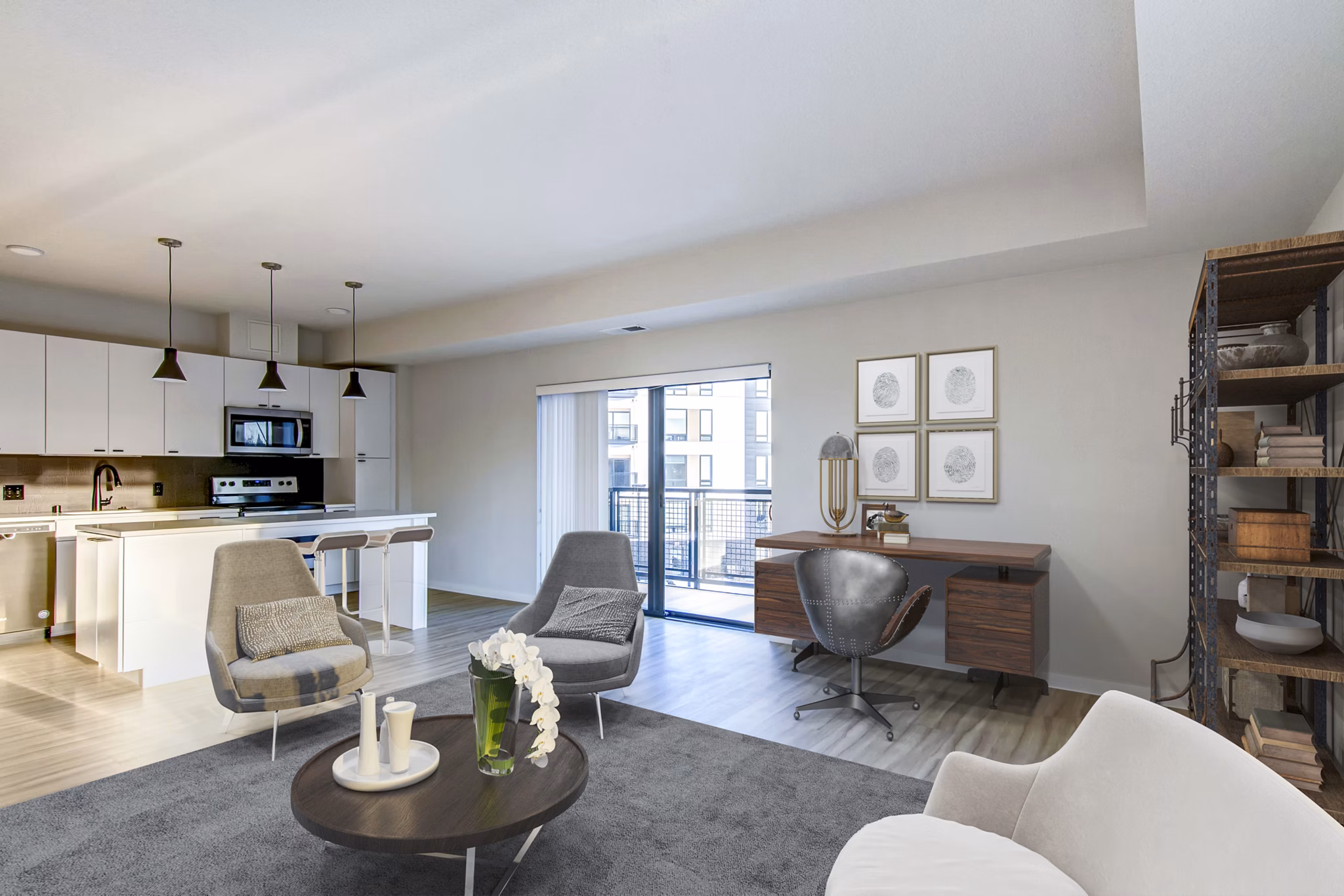 Modern living room with cozy seating and large windows at Irvine Exchange Apartments
