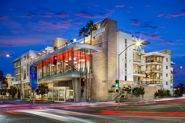 Modern waterfront building at Neptune Marina Apartments in Marina del Rey