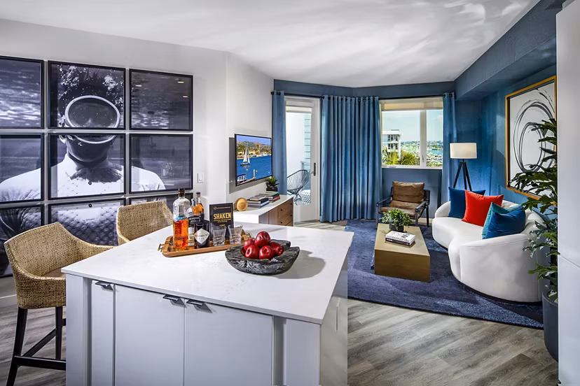 Spacious living room with modern decor at Neptune Marina Apartments in Marina del Rey