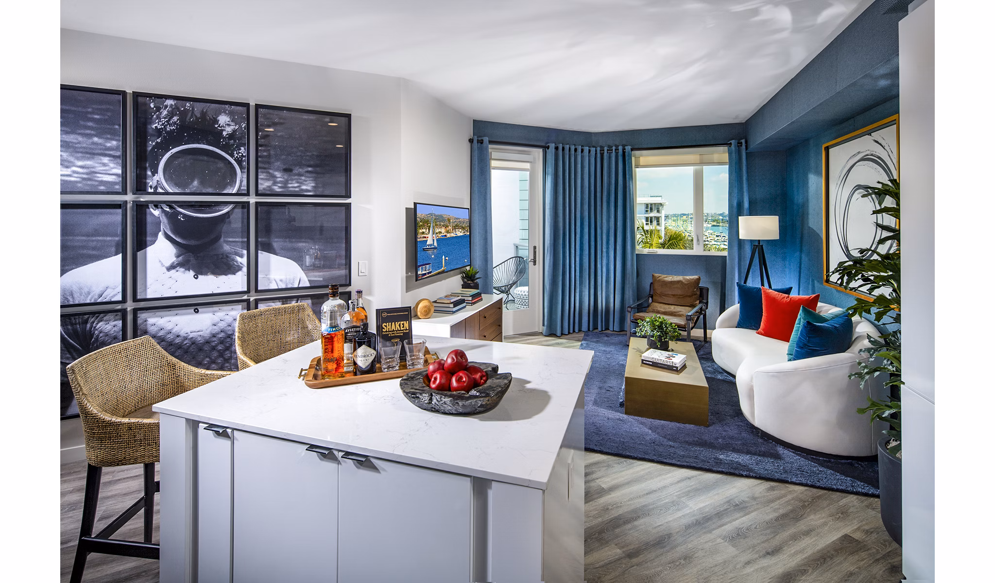 Spacious living room with modern decor at Neptune Marina Apartments in Marina del Rey
