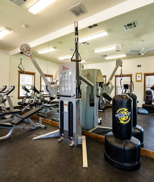 State-of-the-art fitness center with weight machines at The Emerson Apartments