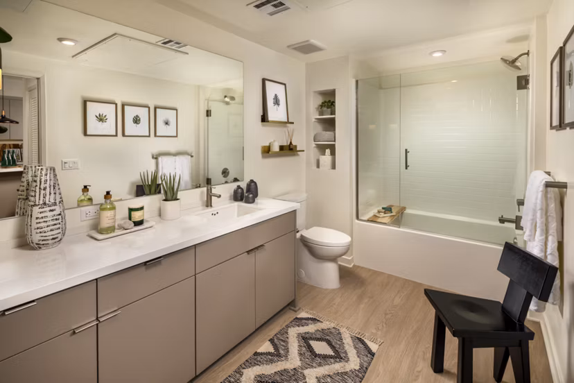 Luxurious bathroom with modern fixtures at One Paseo Living Apartments