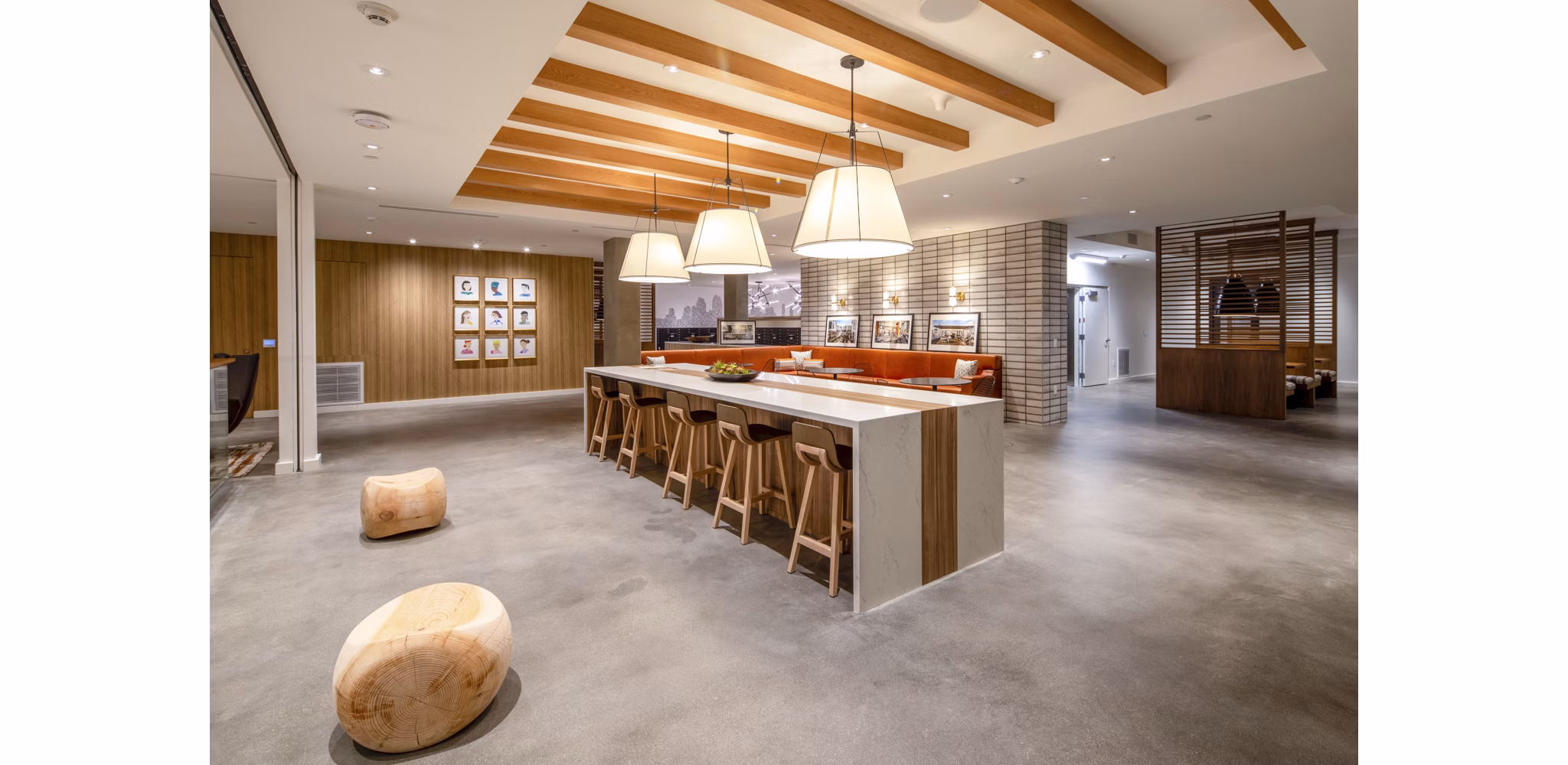 Clubhouse featuring modern design elements at One Paseo Living Apartments, a luxury community in Carmel Valley, San Diego