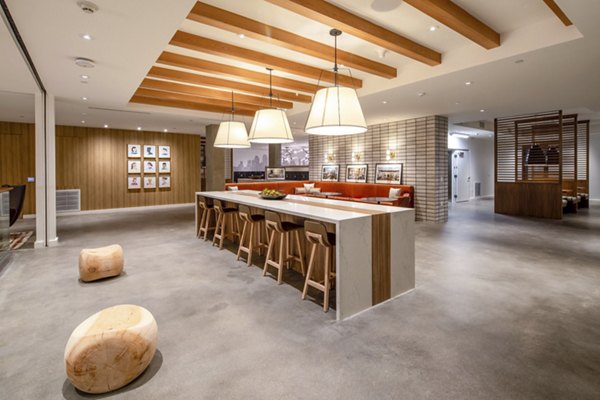 Clubhouse featuring modern design elements at One Paseo Living Apartments, a luxury community in Carmel Valley, San Diego
