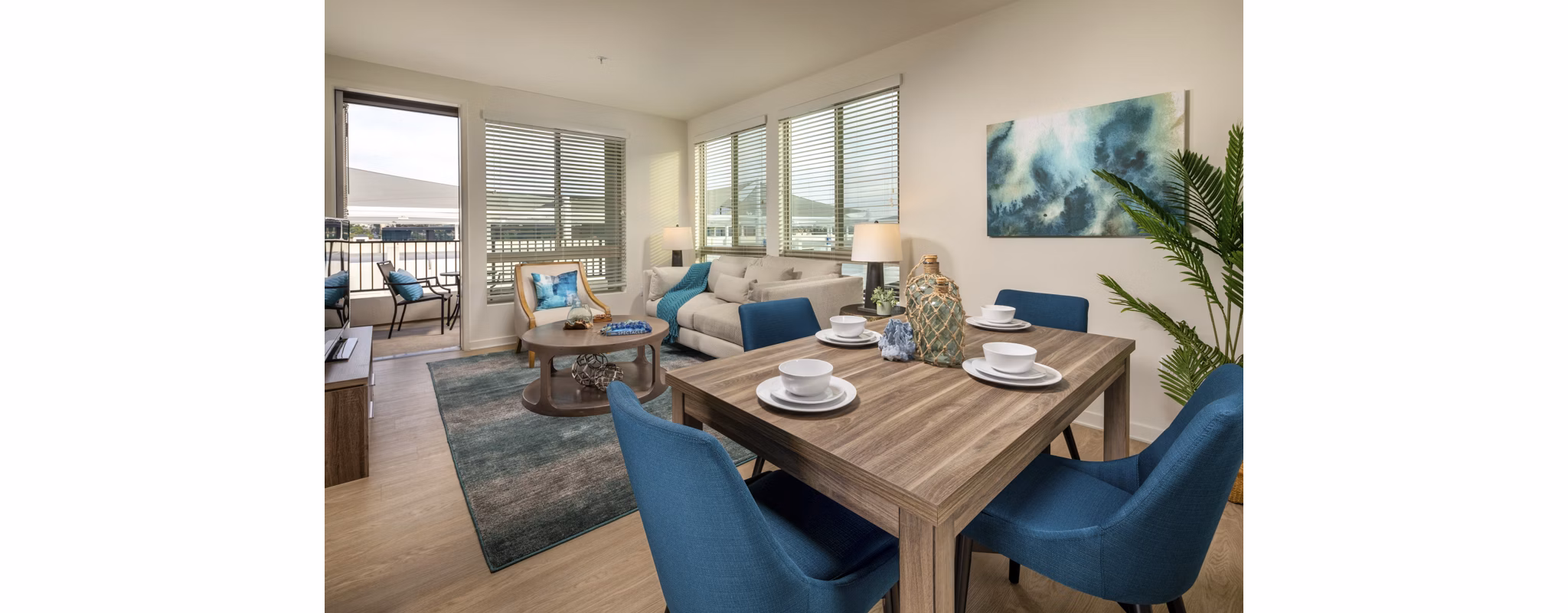 Elegant dining area with modern furnishings at One Paseo Living Apartments â€“ Greystar luxury apartments in San Diego
