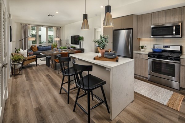 Modern kitchen featuring sleek countertops and stainless steel appliances at One Paseo Living Apartments