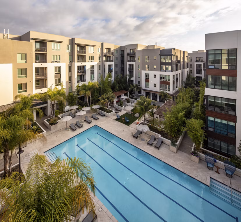 Luxury swimming pool at One Paseo Living Apartments featuring sleek lounge chairs and palm trees, perfect for relaxation and recreation