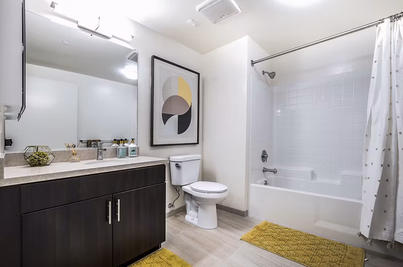 Bathroom with sleek fixtures and granite countertops at CC Tan Center Apartments