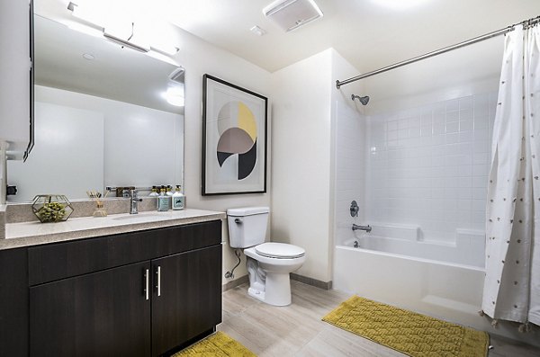 Bathroom with sleek fixtures and granite countertops at CC Tan Center Apartments