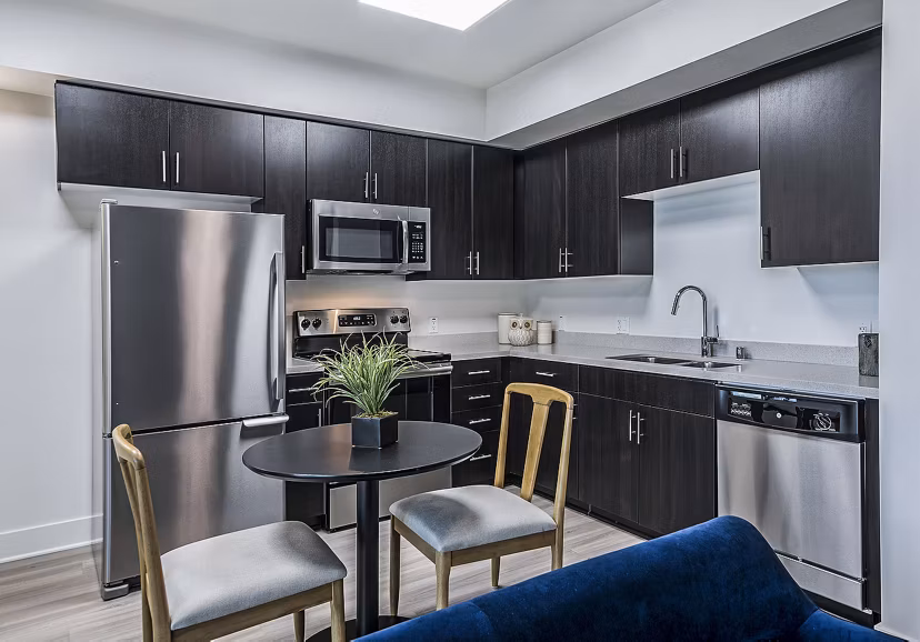 Modern kitchen featuring stainless steel appliances in CC Tan Center Apartments
