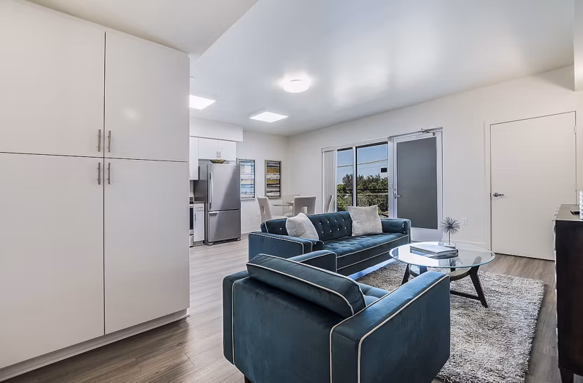 Modern living room with sleek furnishings at CC Tan Center Apartments