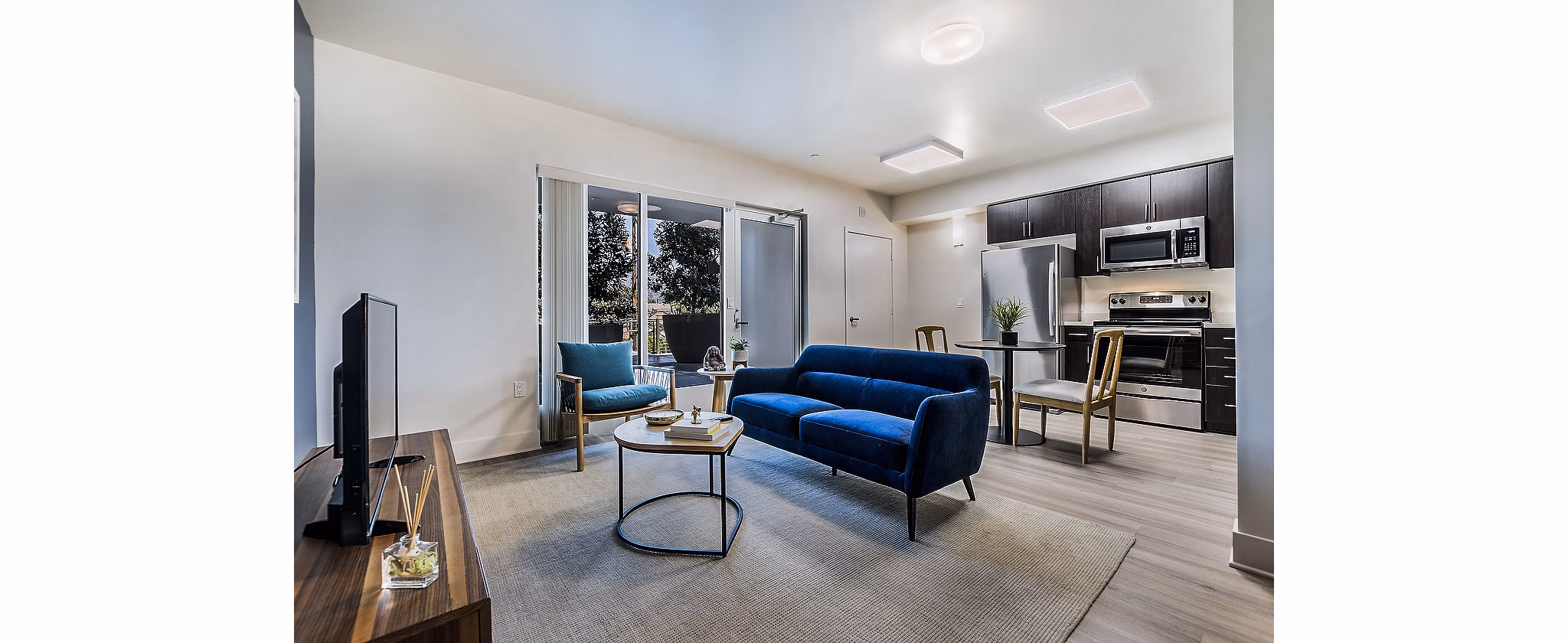 Spacious living room with modern decor at CC Tan Center Apartments, showcasing luxury living