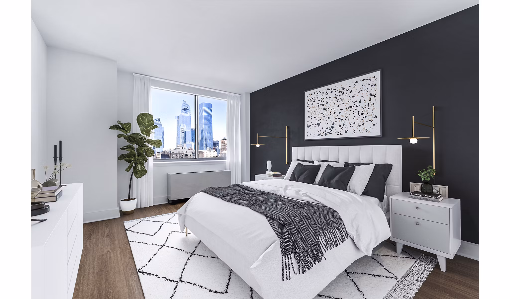 Elegant bedroom with large windows at 800 Sixth Apartments offering a tranquil retreat