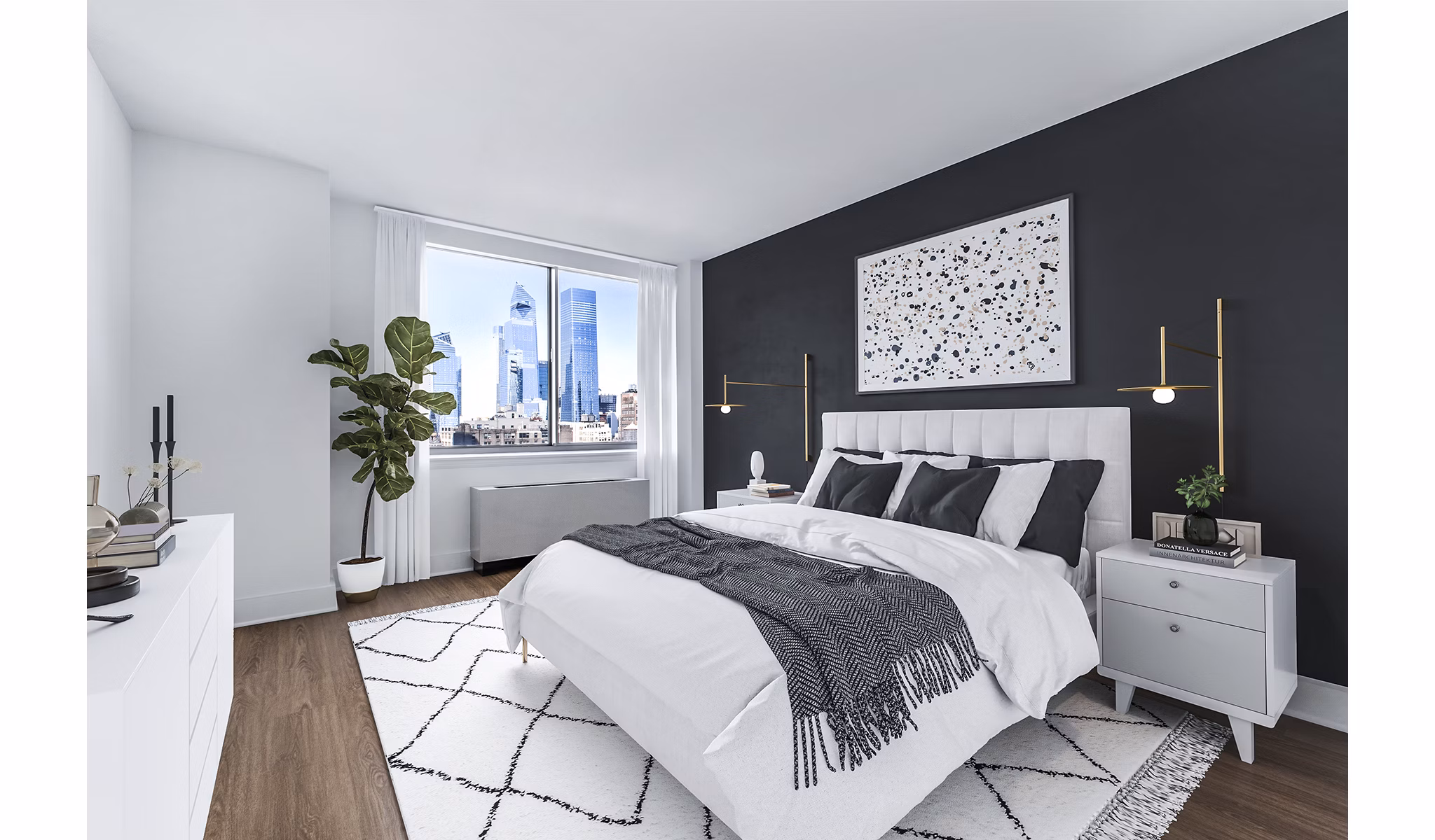 Elegant bedroom with large windows at 800 Sixth Apartments offering a tranquil retreat