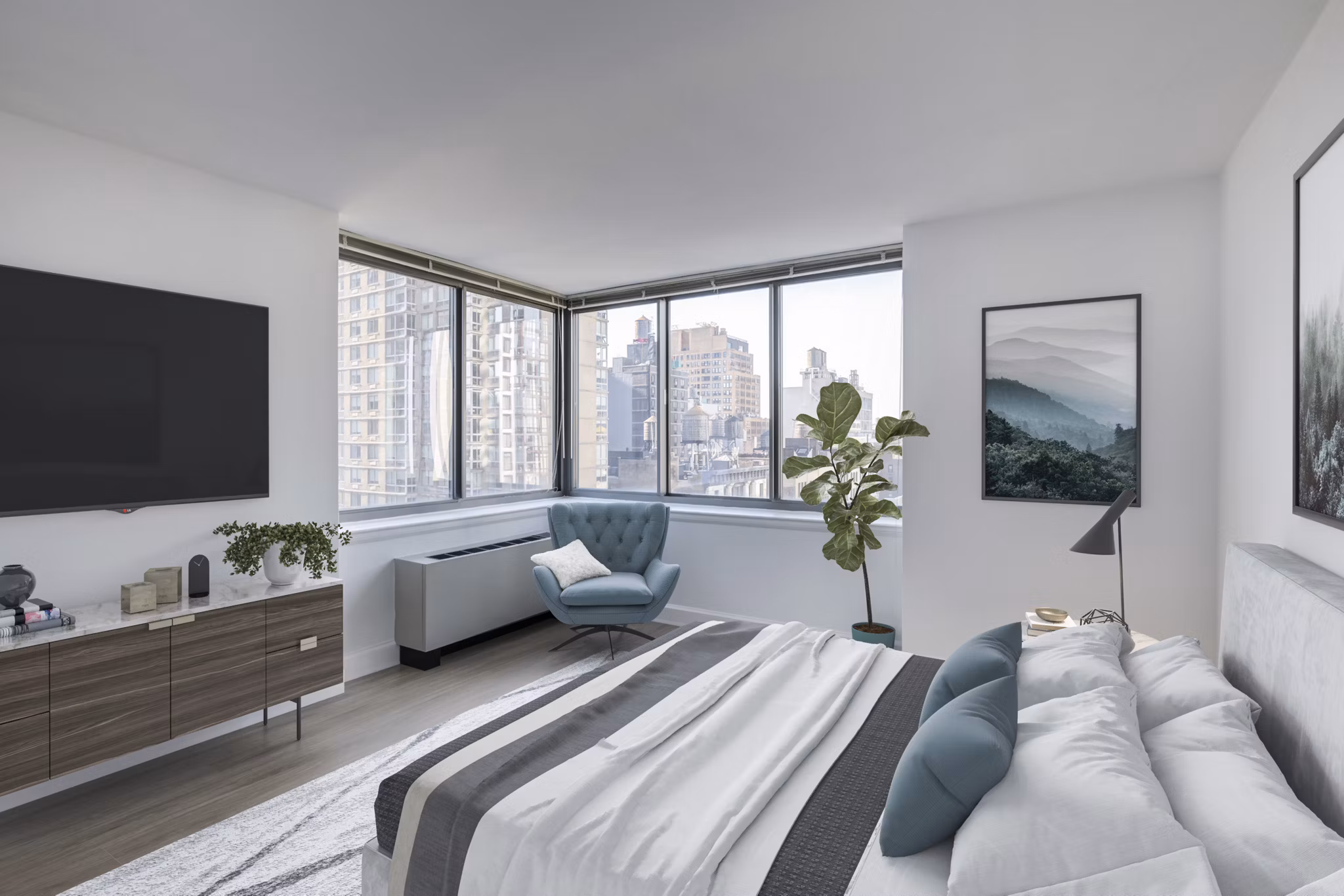 Bedroom featuring modern decor and natural light at 800 Sixth Apartments, luxury living in a Greystar-managed property