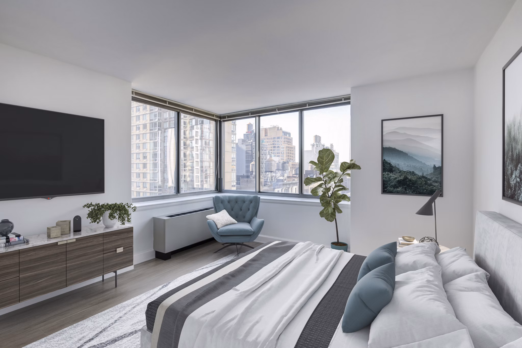 Bedroom featuring modern decor and natural light at 800 Sixth Apartments, luxury living in a Greystar-managed property