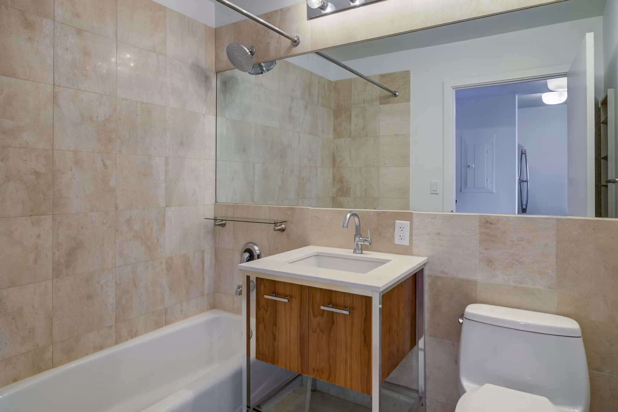 Spacious bathroom with sleek fixtures at 800 Sixth Apartments, luxury living with modern amenities