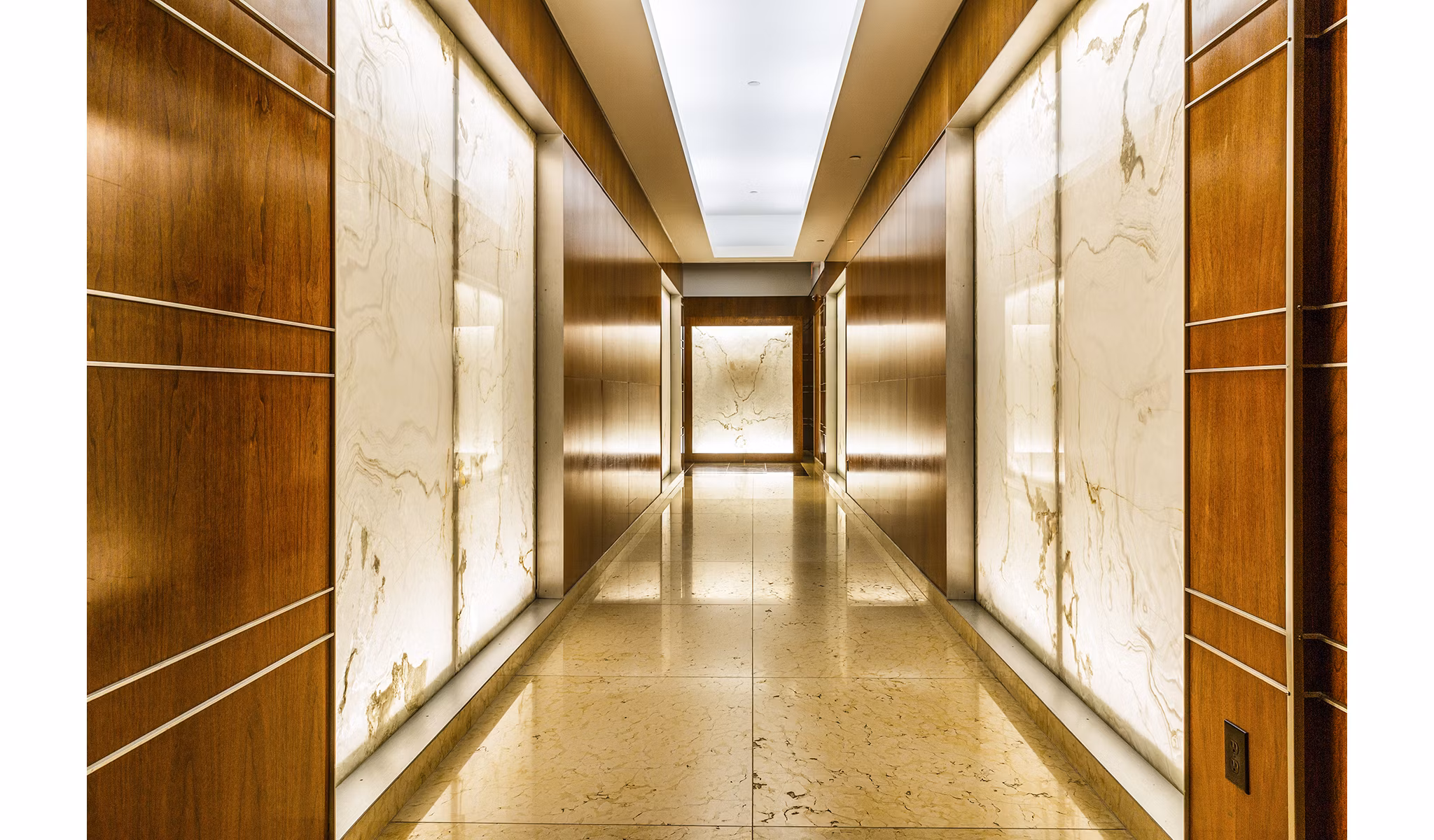 Hallway featuring contemporary lighting and elegant design at 800 Sixth Apartments, Greystar luxury apartments in downtown Seattle