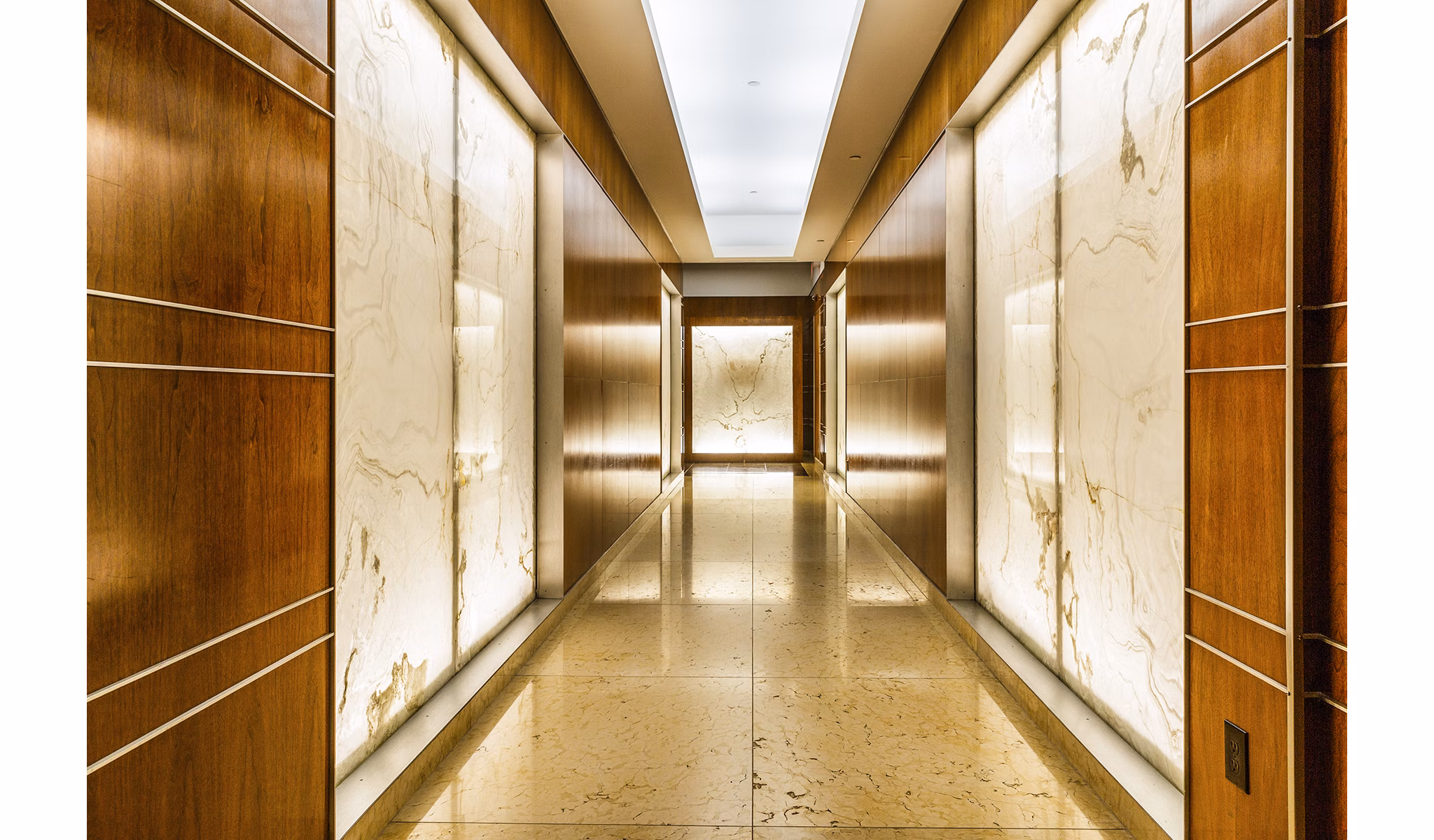 Hallway featuring contemporary lighting and elegant design at 800 Sixth Apartments, Greystar luxury apartments in downtown Seattle
