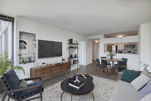 Modern living room with sleek furnishings at 800 Sixth Apartments