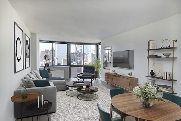Modern living room with sleek furnishings and natural light at 800 Sixth Apartments