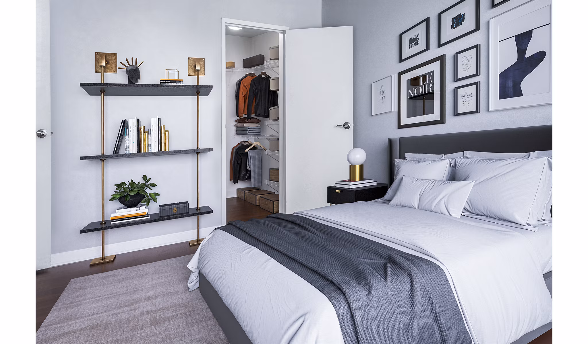Modern bedroom with stylish decor at Quaker Court at University City Apartments