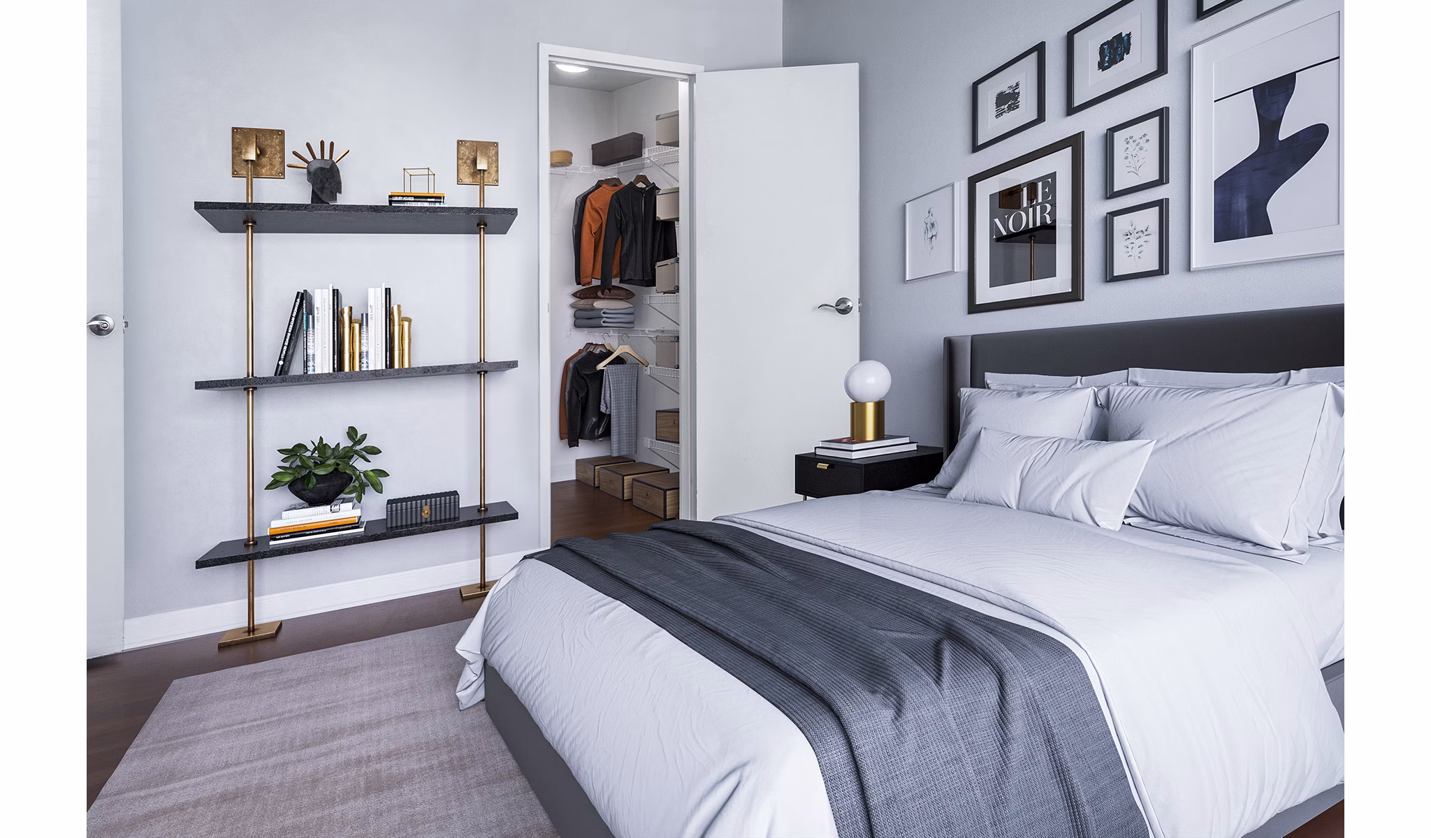 Modern bedroom with stylish decor at Quaker Court at University City Apartments