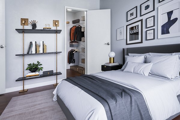 Modern bedroom with stylish decor at Quaker Court at University City Apartments