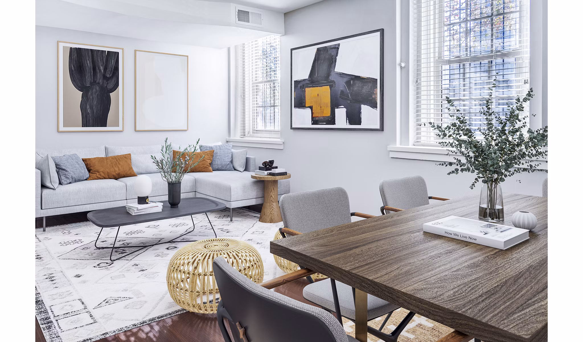 Modern living room with sleek design elements at Quaker Court at University City Apartments
