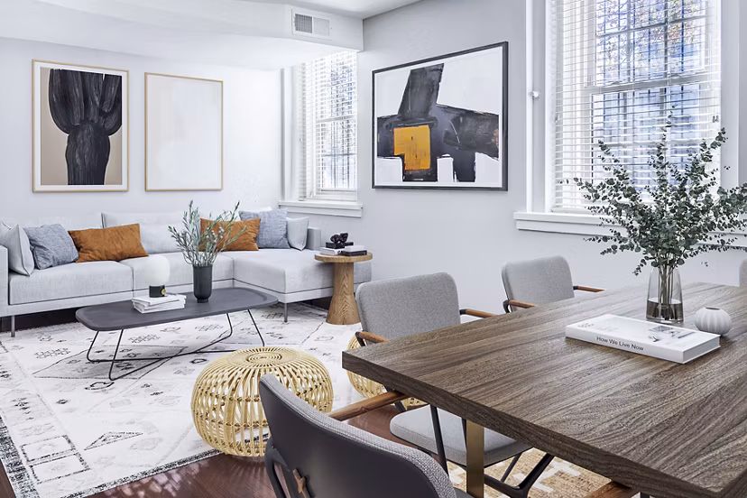 Modern living room with sleek design elements at Quaker Court at University City Apartments