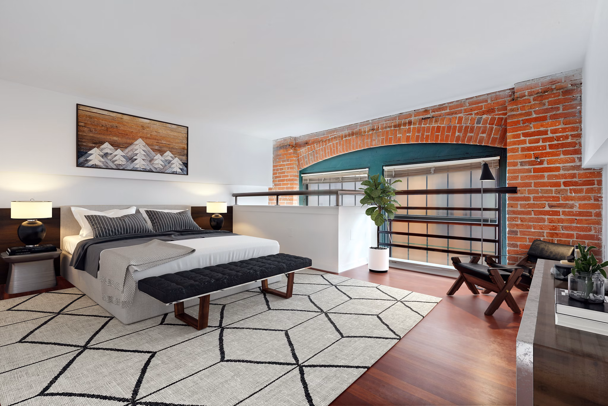 Cozy bedroom with modern decor at Logan Lofts luxury apartments