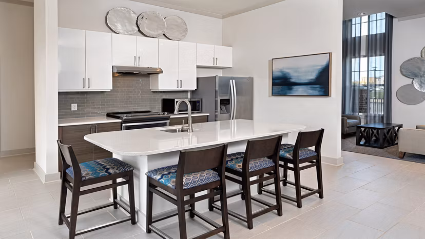 Modern kitchen with sleek countertops and stainless steel appliances in Avia Apartments