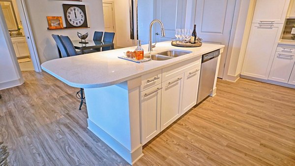 Modern kitchen with stainless steel appliances and marble countertops at Avia Apartments, luxurious living in style