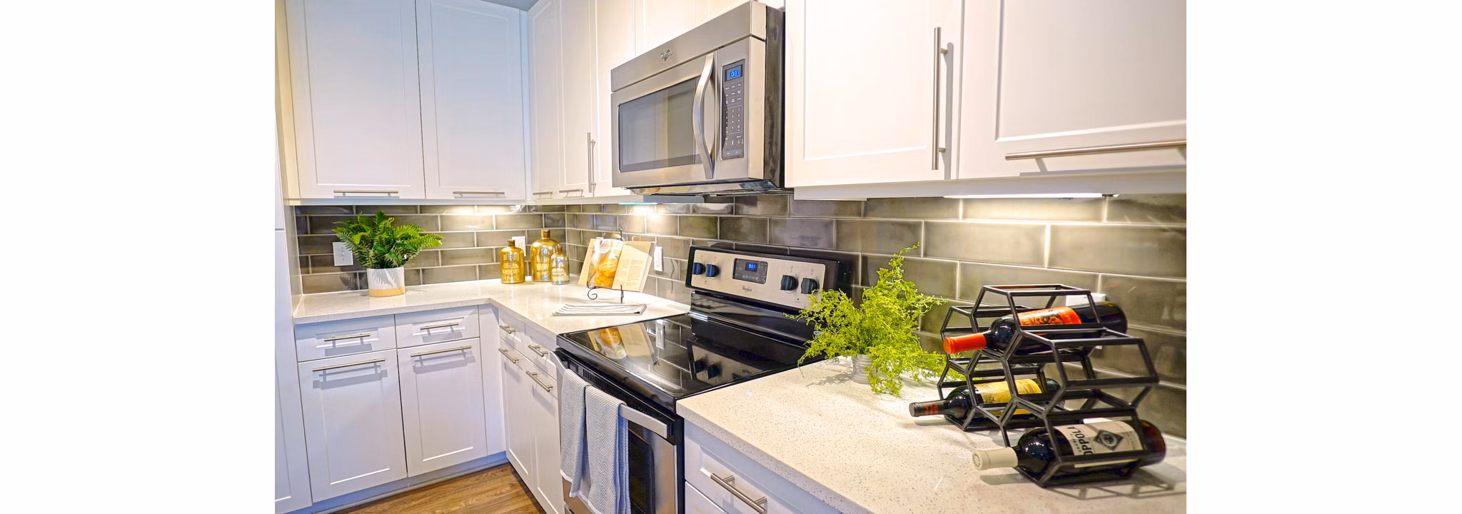 Modern kitchen featuring stainless steel appliances in Avia Apartments