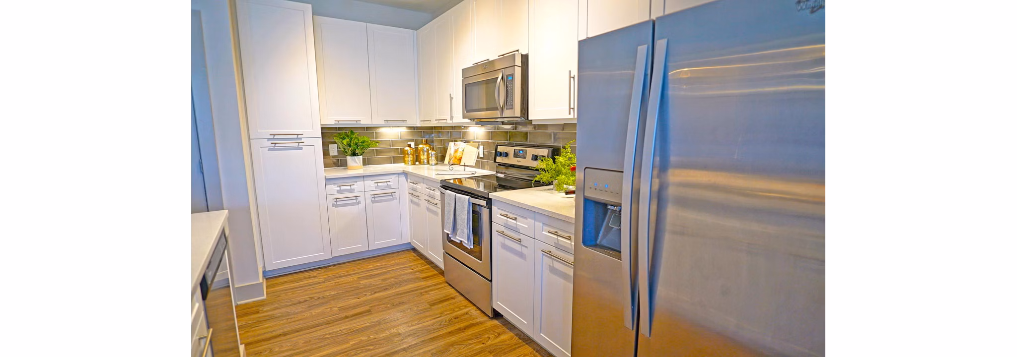 Modern kitchen with stainless steel appliances in Avia Apartments