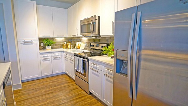 Modern kitchen with stainless steel appliances in Avia Apartments