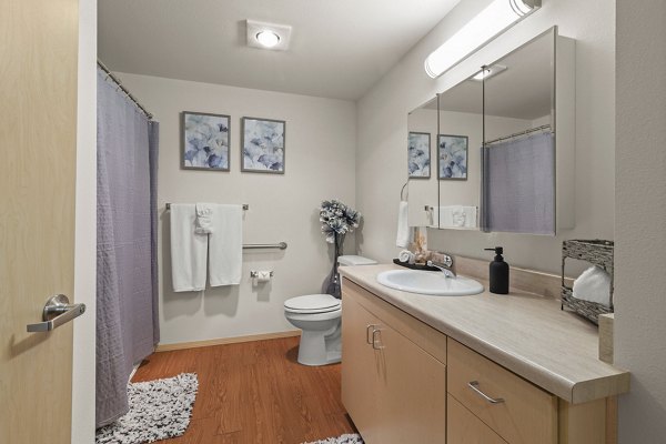 Modern bathroom featuring sleek fixtures and ample lighting at Destinations Lynnwood Apartments