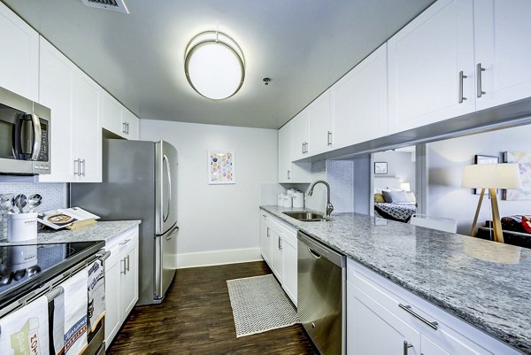 Modern kitchen with stainless steel appliances in Half Moon Harbour Apartments, luxury living by Greystar