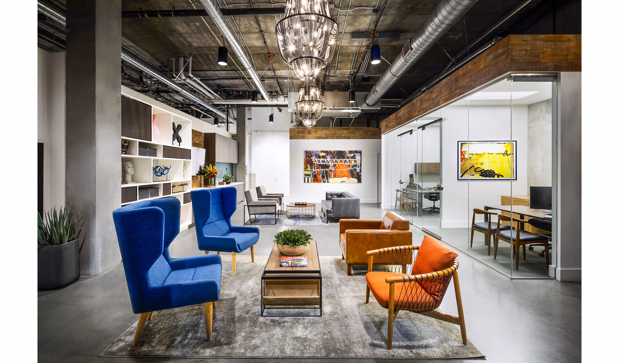 Stylish clubhouse lobby with modern decor at AMP Lofts Apartments