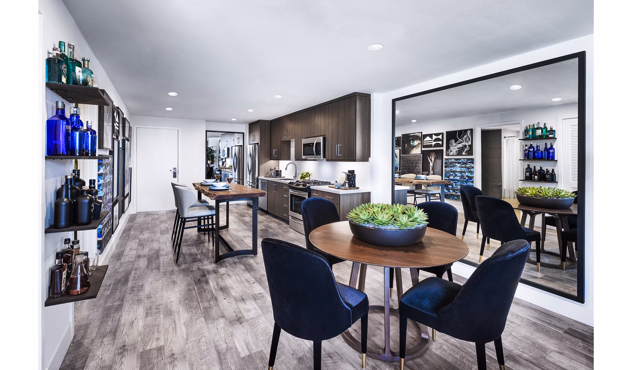 Modern dining room with chic decor in AMP Lofts Apartments offering luxury living spaces