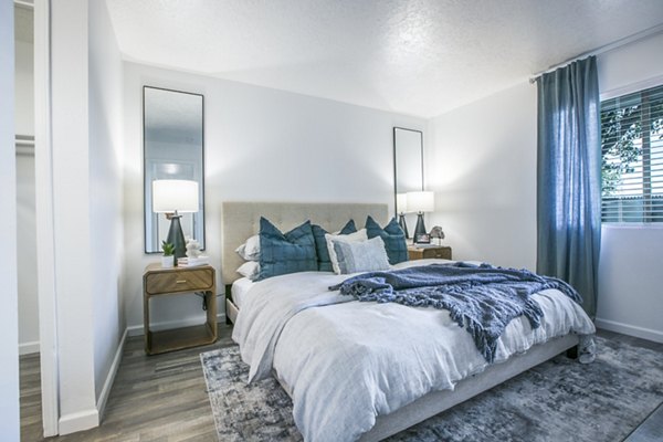 Serene bedroom with modern decor at AYA ABQ Apartments, luxury living in Albuquerque