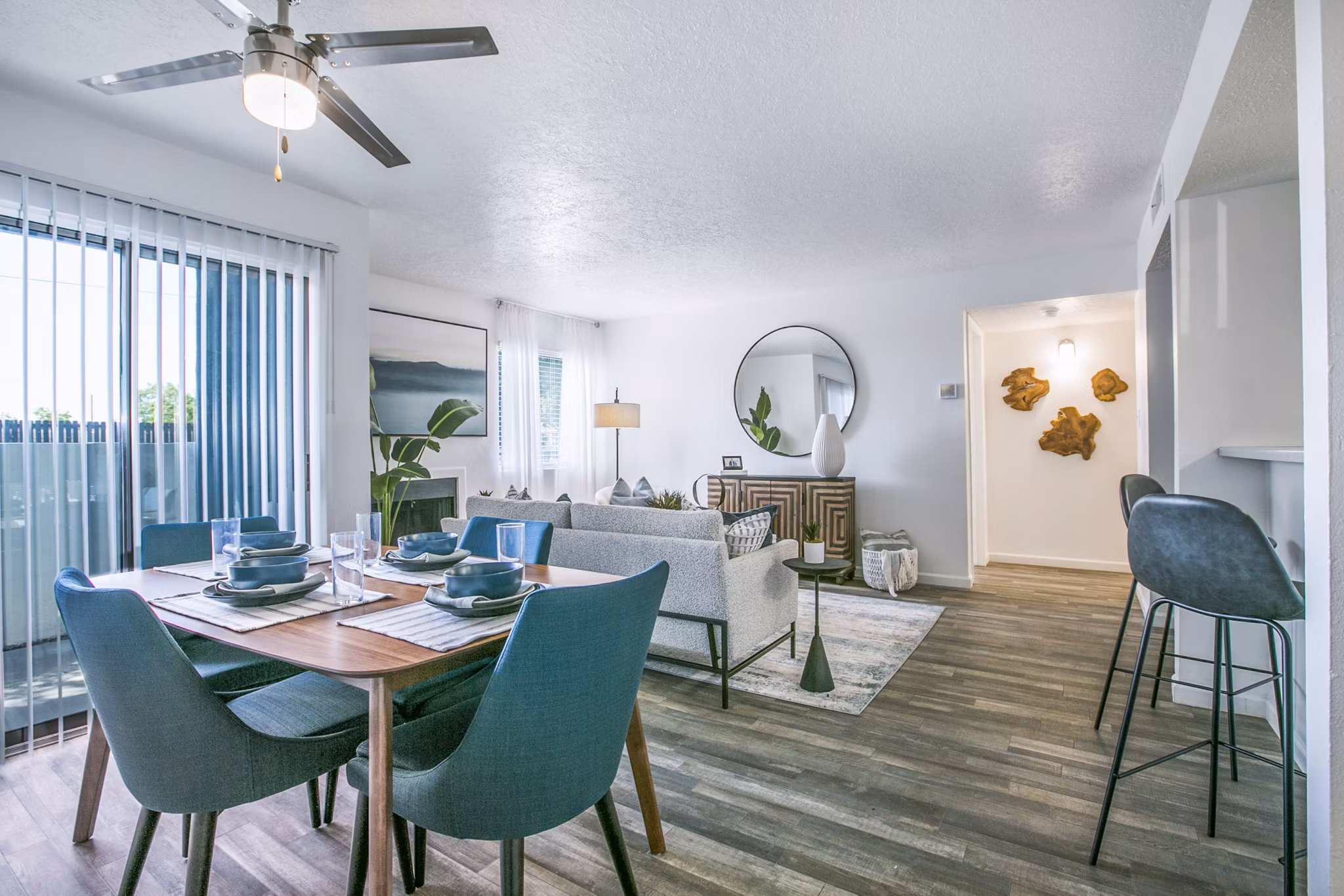 Dining area with modern furnishings at AYA ABQ Apartments