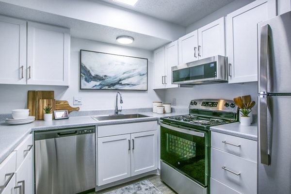 Modern kitchen with stainless steel appliances at AYA ABQ Apartments luxury living