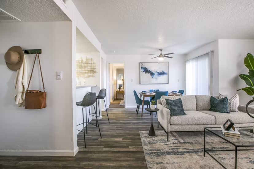 Contemporary living room with stylish furnishings at AYA ABQ Apartments