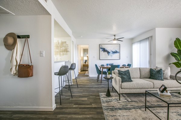 Contemporary living room with stylish furnishings at AYA ABQ Apartments
