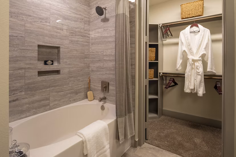 Elegant bathroom with modern fixtures at 1414 Texas Downtown Apartments